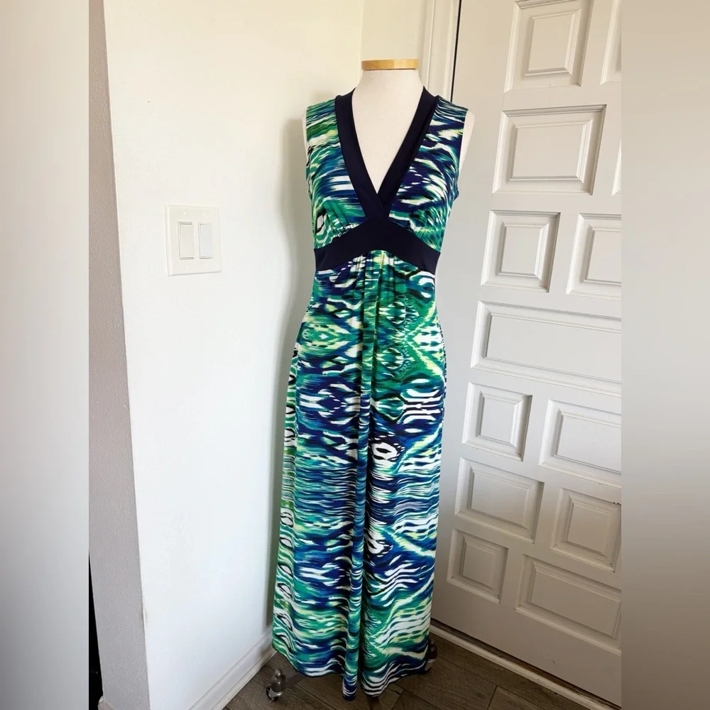Enfocus Studio Maxi Dress Vibrant Green Blue White V-Neck Sleeveless Size 10